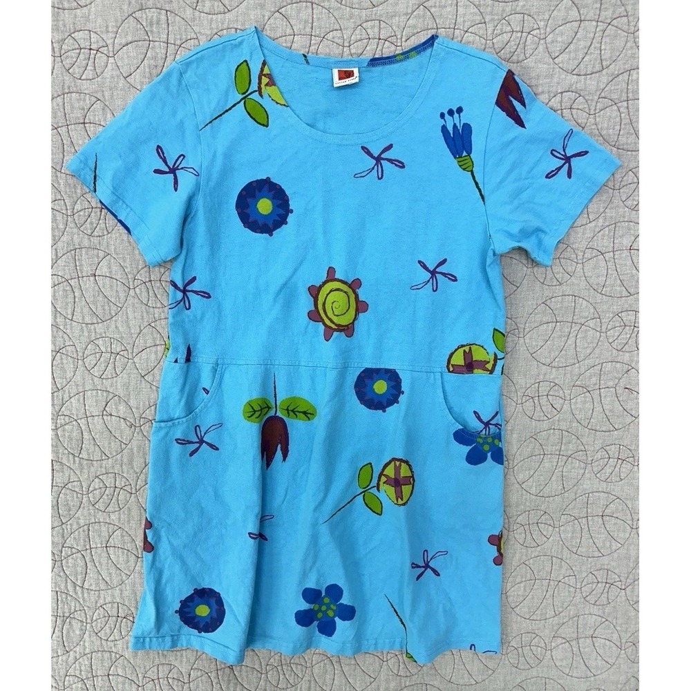 VTG 90s Red Ginger Cotton Dress Mini Blue Floral Pockets / Size Medium